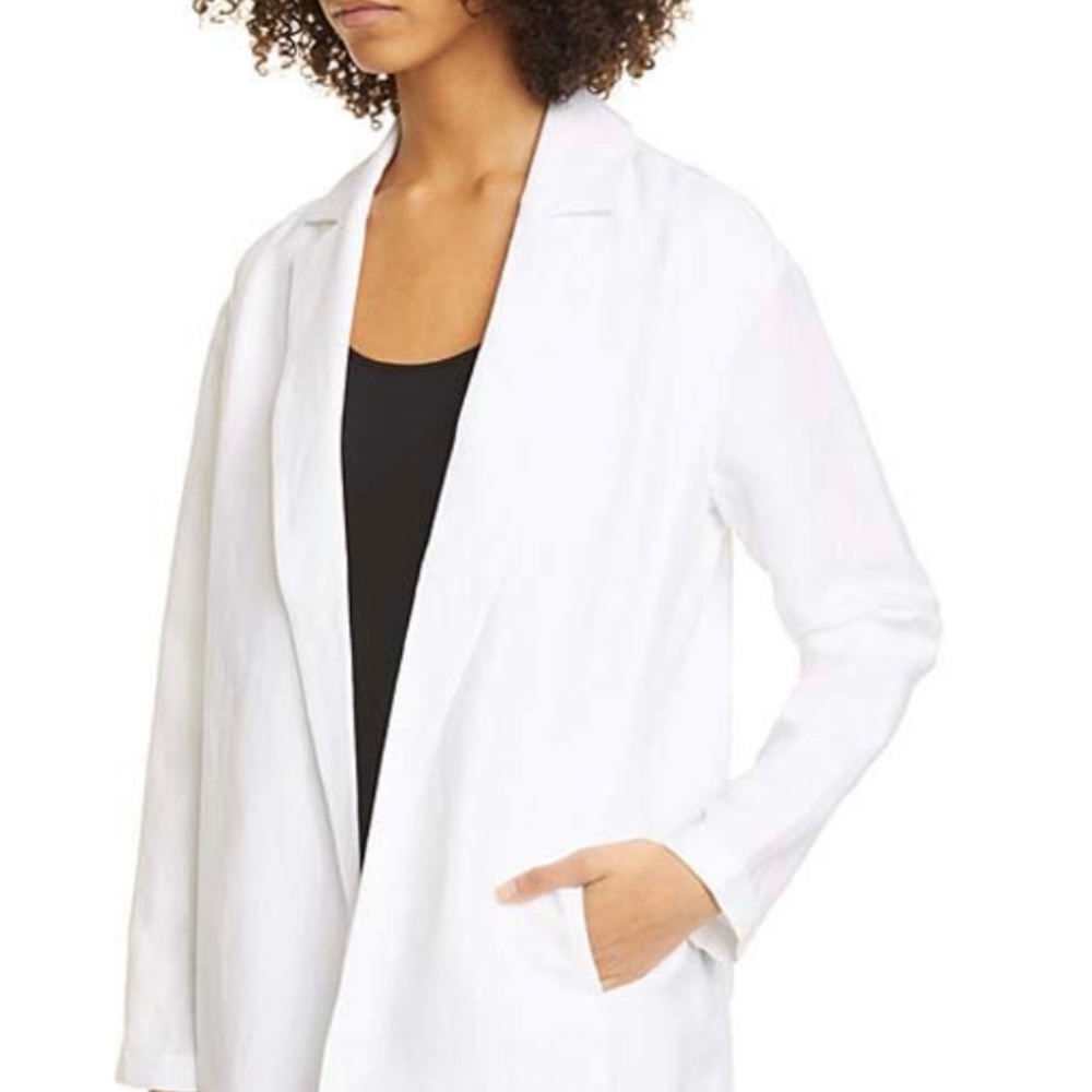 White Eileen Fisher Notch Collar Open-Front Blazer, Linen